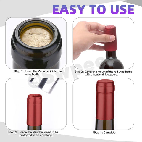 Step-by-step process of using the Kickass 130 Piece Wine Bottle Cork And Heat Shrink Cap Kit With Genuine Cork Plugs And Vivid Pvc Foil Covers In Gold Black Red Green Blue For Serious Home Winemaking Projects.