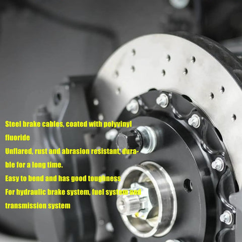 Close-up of PVF coated 5m steel brake line kit installed on a hydraulic brake system, showing connectors and screws.