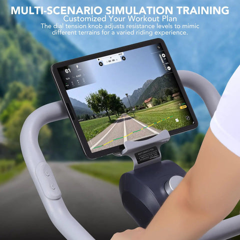 Indoor Magnetic Exercise Bike With AI Driven Personalization showing LCD screen with uphill simulation in home gym setting.