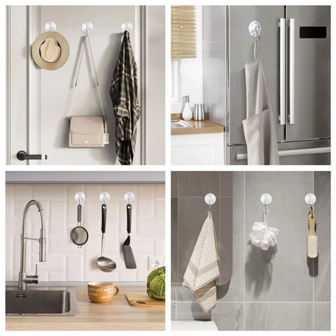Rock Solid Invisible Suction Cup Hooks Twelve Pack Clear Reusable Removable Stainless Steel Design holds items in kitchen and bathroom.