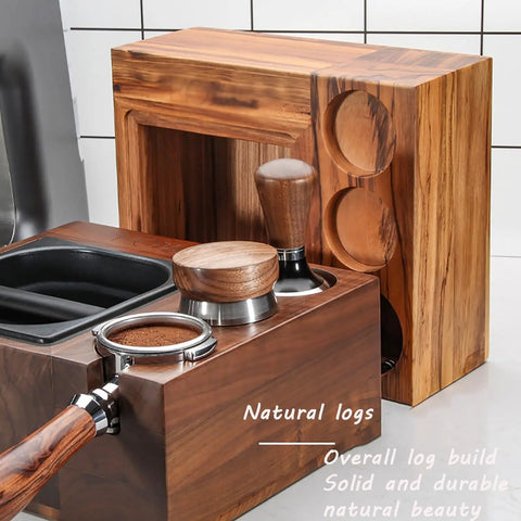 Sleek Wooden Espresso Tamper Station With Integrated Knock Box Fits 58 mm Portafilters, showcasing natural wood finish and design.
