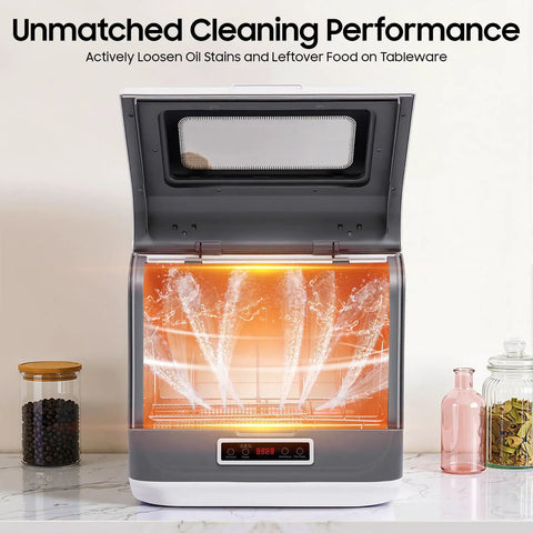 Compact Portable Countertop Dishwasher With Integrated 8 Liter Tank And Three Cleanup Modes showing water spray action for cleaning.