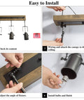 Step-by-step installation of Adjustable 3-Head Track Lighting Fixture In Black Wood Finish, showing wiring, adjusting, and bulb installation.