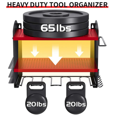 Garage Power Tool Organizer Wall Mount Rack For Cordless Drills And Heavy Duty Storage showing weight capacity of 65 lbs top shelf