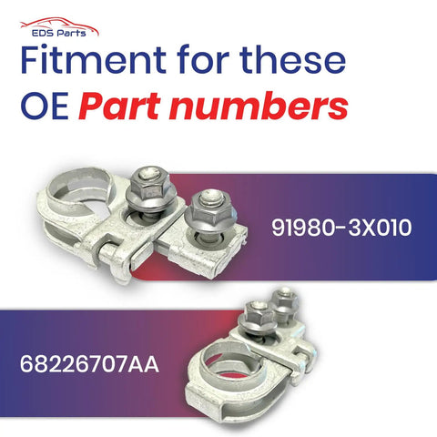 Positive Battery Terminal Connector Replacement For Hyundai Kia Genesis Jeep Chrysler Vehicles Including Accent Sedona Soul Rio Wrangler Optima Elantra With Tin Plated Copper Alloy For Optimal Current Flow And Top Notch Corrosion Resistance showing OE part numbers 91980-3X010 and 68226707AA