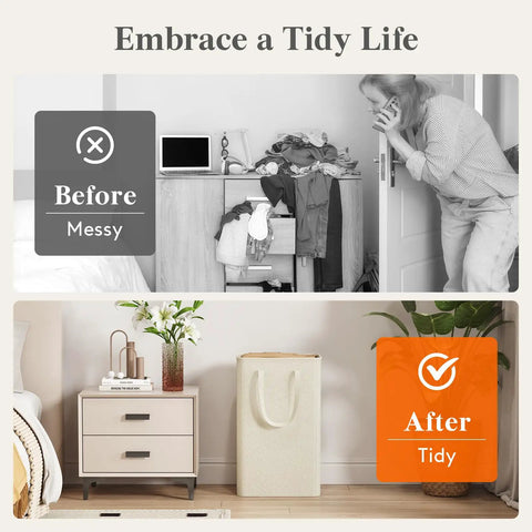 Before and after image showing organization with Slim Collapsible Laundry Hamper With Sturdy Handles 50 Liter Capacity Fold Flat Storage Bin.