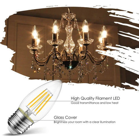 Cozy Warm Glow LED Filament Candle Bulbs, E26 Candelabra Base, displayed in chandelier, decorative light