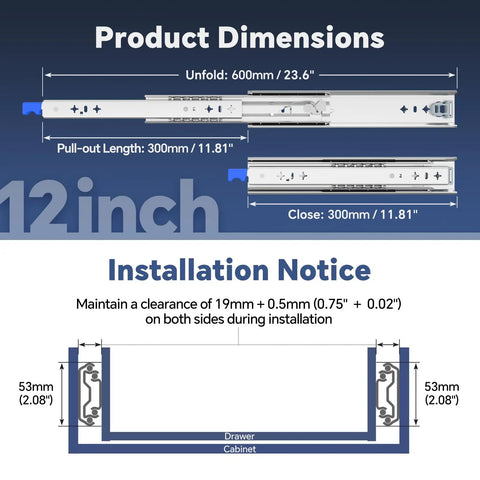 Built Tough Heavy Duty Drawer Slides With Lock 12 Inch Full Extension Ball Bearing Tracks For Tool Cabinets And Workbenches Cold Rolled Steel 250 Lb Professional Load product dimensions and installation notice