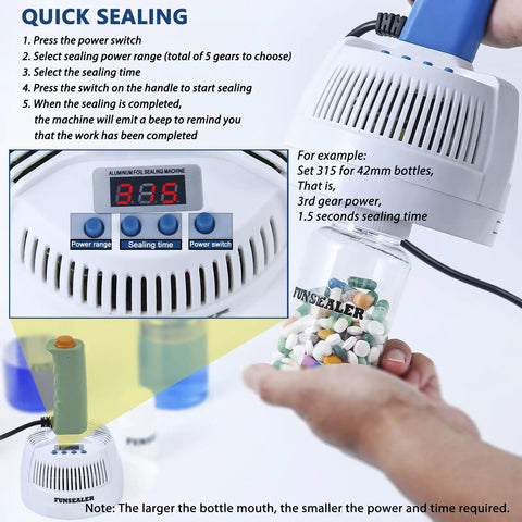 Heavy Duty Induction Heat Sealer Straight Shooter Bottle Cap Capping Machine for aluminum foil films, displaying sealing controls in use.