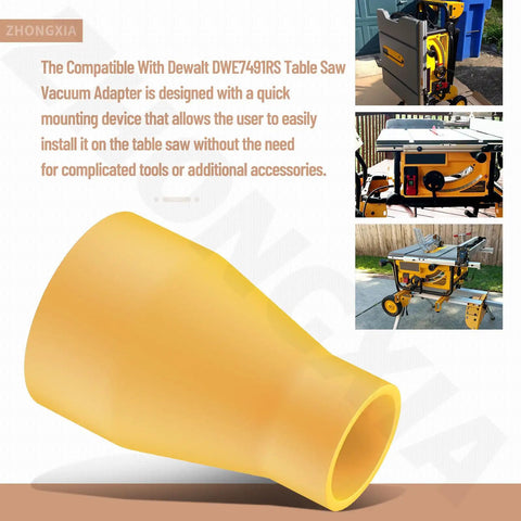 Yellow table saw vacuum adapter, connects 2.5 inch table saw outlet to 1.875 inch shop vac hose dust collector for most saws.