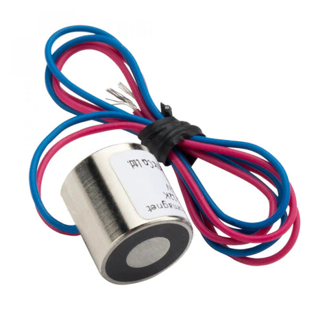 12 Volt Direct Current Electric Lifting Magnet Featuring 10 Newton Holding Force, miniature design with red and blue wires, ideal for precise applications
