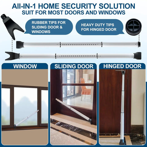 Rock Solid Door Security Bar Heavy Duty Stopper Jammer Adjustable Steel Braced Barricade for windows, sliding and hinged doors.