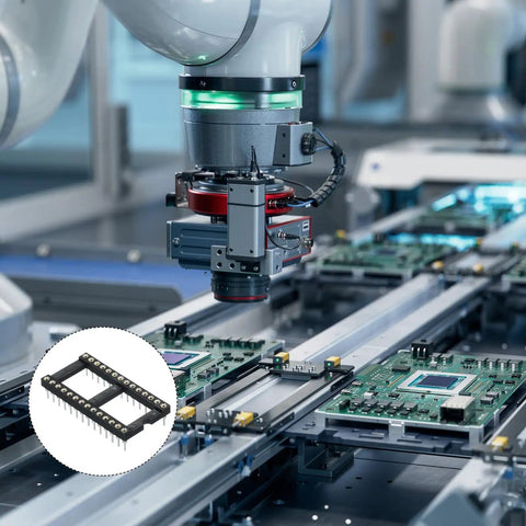 Robotic assembly line with 2.54mm Pitch DIP IC Socket Connector, 28 Pins, Dual Row, 15.2mm Row Pitch showcased in circle inset.