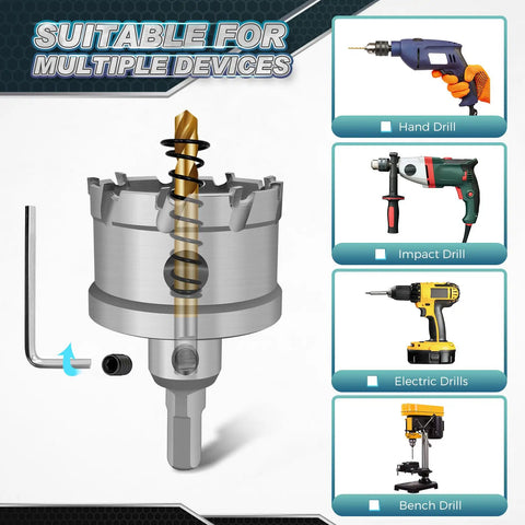 Ultimate Pro Grade 14-Piece TCT Carbide Hole Saw Kit with hand, impact, electric, and bench drills suitable for metal.