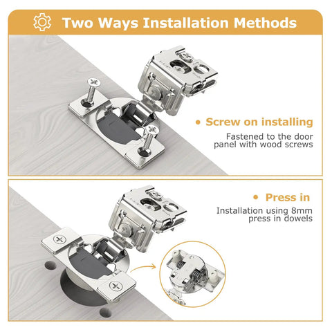 50 Pack Face Frame Cabinet Hinges That Close Softly, Concealed Self Closing, 1-1/4 Inch Overlay, 105 Degree, two installation methods.
