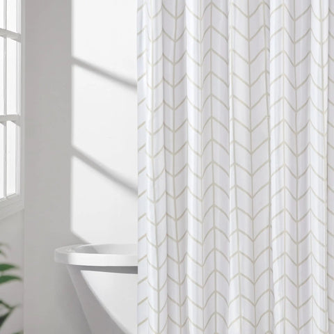 Straight Up Solid Bathroom Glow Up With Super Sleek Water Repellent Fabric And Genuinely Tough Weighted Hem Design Featuring Rust Free Steel Grommets Plus Heavy Duty Hooks For Zero Hassle Everyday Use, natural herringbone shower curtain with bathtub background.