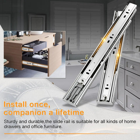 Heavy Duty Stainless Steel Soft Close Drawer Slides Full Extension Smooth Glide Cabinet Hardware 10 Inch pair, installed in kitchen drawers.