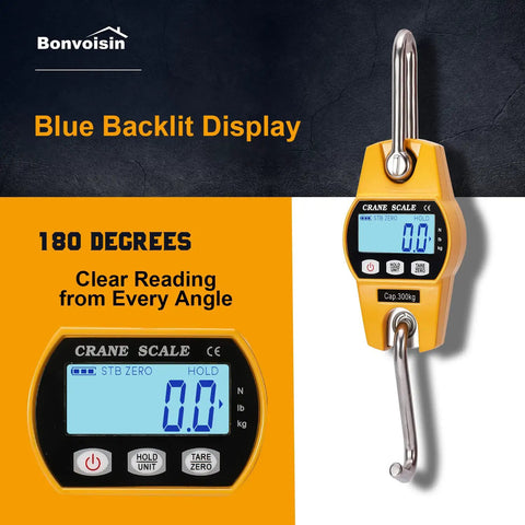 Straight Up Heavy Duty Digital Crane Scale Built Like A Tank For Ranch Grind Jobs With Remote Control Peak Hold Feature with blue backlit display and hook.