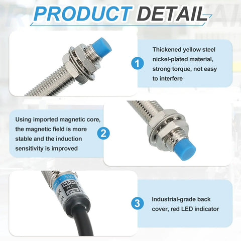 Detail of 2 Pack Inductive Proximity Sensors 4mm Sensing Distance, NPN Normally Closed, M12 Connector with yellow steel body and LED