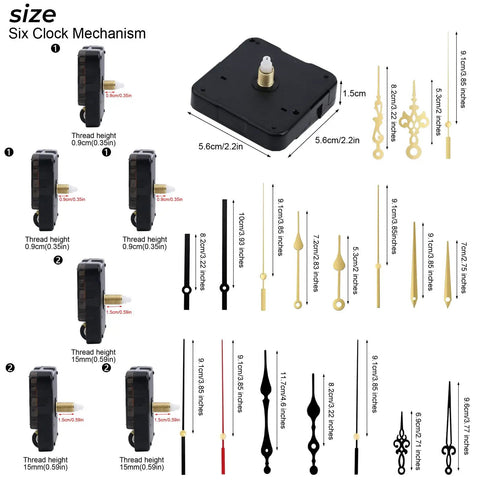 Image showing Six Piece Quartz Clock Mechanism Kit For DIY Clock Repair Battery Powered Wall Movements Includes Six Hands And Two Shaft Sizes For 3 To 6 MM And 9 To 13 MM Clock Panels Perfect Replacement Parts with detailed measurements and components displayed.