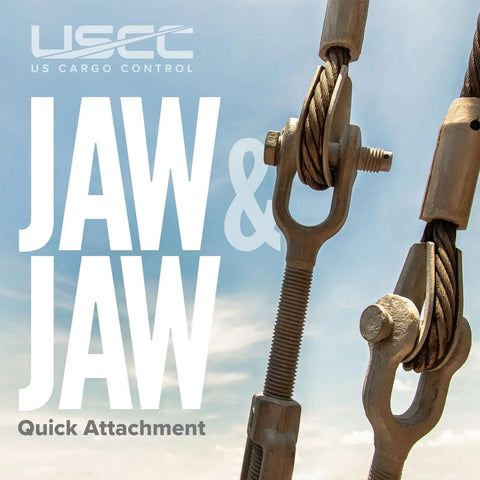 Rock Solid Jaw And Jaw Turnbuckles 500 Pack 1/2 X 6 Inch Hot Dipped Galvanized Heavy Duty UNC Thread Rigging Hardware For Wire Rope Cable Tensioning And In Line Pulls close-up of jaw and jaw turnbuckles with steel cable against blue sky.