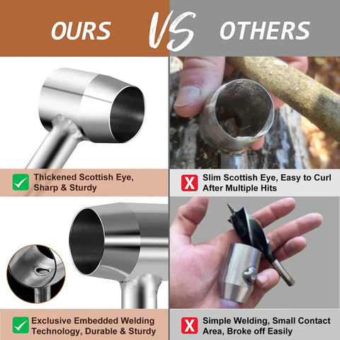 Comparison of two hand auger wrenches, Survival Ready Bushcraft Hand Auger Wrench With Flint Scotch Eye Wood Drill Peg And Manual Hole Maker Multitool In Leather Case For Camping Brown Gear For Outdoorsmen Prepper Grade, showing thicker Scottish eye and embedded welding technology.