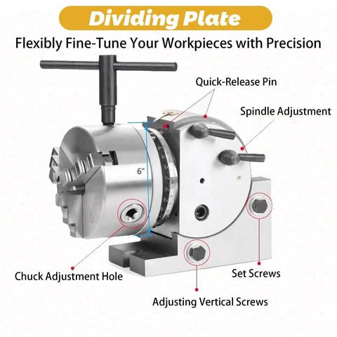 Heavy Duty Cast Iron Indexing Dividing Head With 3 Jaw Chuck And Spiral Tailstock Offering Killer Precision Rotary Indexer Functionality For Drill Press And Cnc Milling showing dividing plate with quick-release pin and adjustment features.