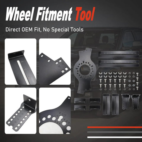 Heavy Duty 5 Lug Wheel Fitment Tool Offset Measuring Simulator with various black parts for precise measurement from 14 to 22 inch rims.