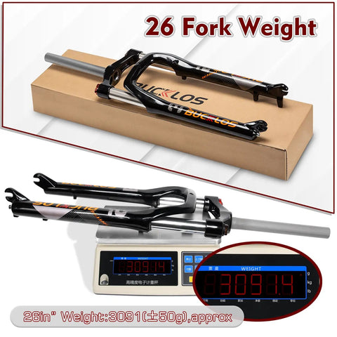 Fat Tire MTB Front Suspension Fork 26 Inch, 100mm Travel, 135mm Spacing, 9mm QR, weighed on scale showing 3091g
