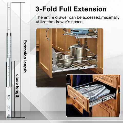 Heavy Duty Full Extension Drawer Slides 12 To 40 Inch Side Mount Rails Beefy Ball Bearing Runners Built To Last 136 Lb Capacity Durable Steel Construction For Cabinets Chests And Tool Drawers visible in installation within a wooden cabinet