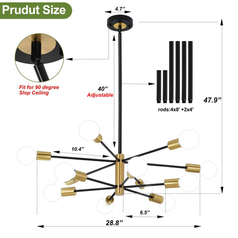 Six Light Dope Modern Sputnik Chandelier In Black Gold Finish Mid Century Ceiling Pendant Light With Adjustable Branch Height E26 Base dimensions