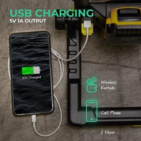 FLUD 4000 LED Work Flood Light For Dewalt 20V Battery with USB phone charging feature shown on worksite surface
