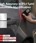 Paint Thickness Gauge For Cars With Pro Grade Precision Mil Readouts, Iron Aluminum Zinc Car Body Filler Tester For Used Car Buyers And Auto Shops, Rotating Screen Display And Continuous Measurement in use on a car door.
