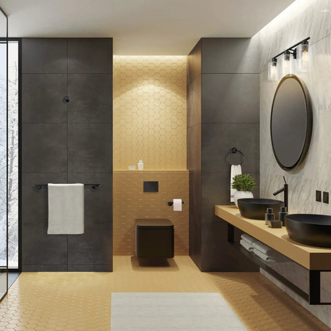 Modern bathroom with Bristol 5 Piece All In One Matte Black Bathroom Set With Dimmable 3 Light Vanity Light Featuring Seeded Glass Shades