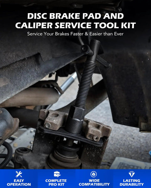 24 Piece Brake Caliper Tool Set With Adapters And Hangers, Pro Grade Heavy Duty Caliper Compression Kit For DIY Mechanics, Includes Retaining Plates, Thrust Bolts, 2 Hangars, Carry Case And Work Gloves used on a brake caliper