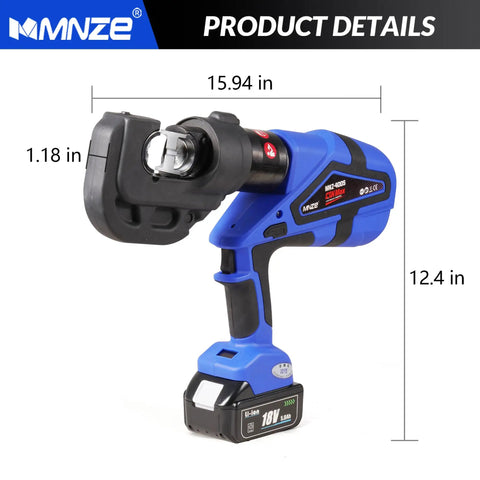 Heavy Hitter Rechargeable Electric Hydraulic Cable Lug Crimper Packs 12 Ton Punch for quick continuous crimps, 15.94 in long.