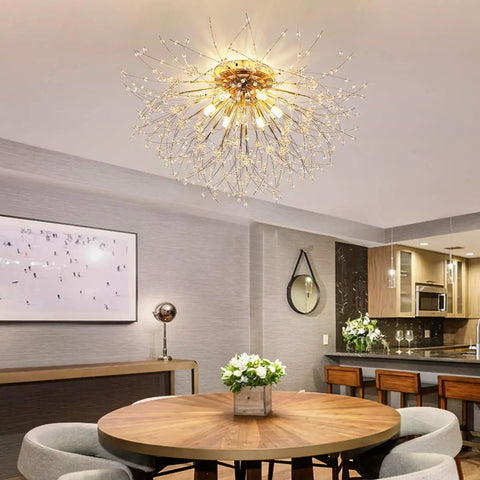 Six Light Firework Sputnik Statement Chandelier Modern Crystal Pendant Lighting Semi Flush Mount 24 Inch LED Gold Finish Fixture