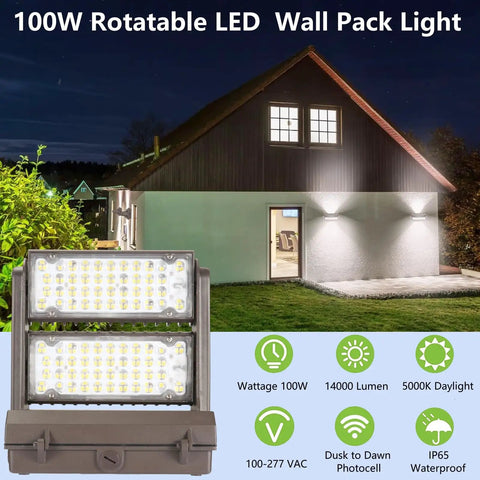 Beefed Up 100W Rotatable LED Wall Pack With Dusk To Dawn Sensor, 14000 Lumen Outdoor Security Light on house exterior