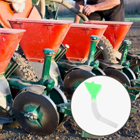 Efficient Seed Distribution Tube For Wheat And Corn Plastic Accessory With Wide Green Funnel Top shown on planter