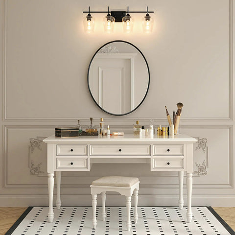 4 Light Vanity Light Fixture With Clear Glass Shades Black Finish Modern Industrial Style Over Mirror Wall Lamp in bathroom