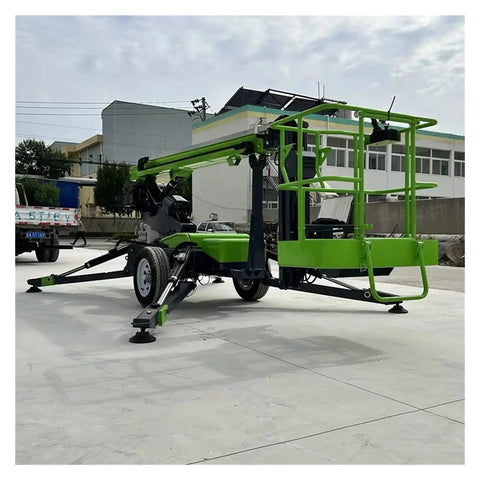 Trailer Mounted Articulating Telescopic Boom Lift Cherry Picker Spider Aerial Work Platform in green at job site.