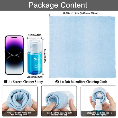 Package including Screen Cleaner Spray 200ml For TV Computer Laptop Tablet And Phone Screens With Soft Cloth All In One Cleaning Kit