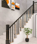 Top Shelf Square Metal Balusters And Staircase Spindles For Deck Railings 37 Inch High in black and gold finish on indoor staircase.