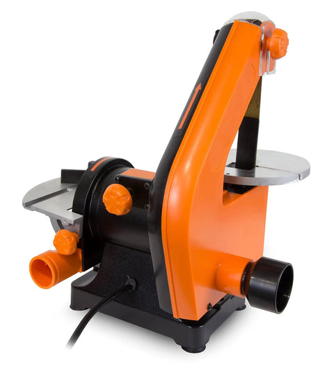 Two-In-One Benchtop Belt And Disc Sander That Is A Real Workhorse with 1 x 30 inch belt and 5 inch disc, side view with dust ports