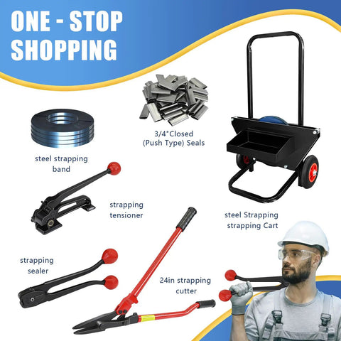 Image of packaging tools including Closed Push Type Seals For Three Quarters Inch Steel Strapping, 1.77 Inch Length, and cart.