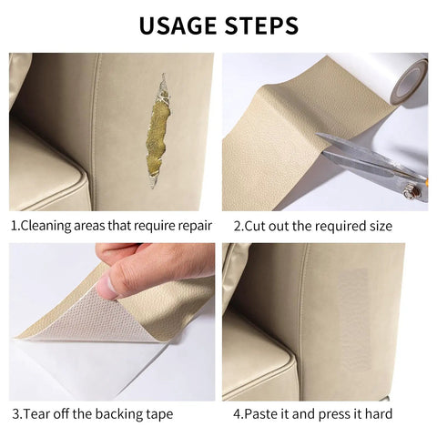 Leather Repair Patch Tape Light Beige Self Adhesive 3 X 61 Inches Kit usage steps shown with patch application process