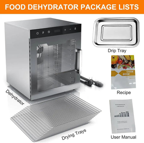 Heavy Duty 10 Tray Electric Food Dehydrator With Digital Temp Control Timer For Meat Beef Jerky Fruit Veggies showing package contents.