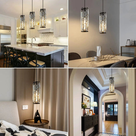 Dope Black Modern Crystal Pendant Light For Kitchen Island With Adjustable Height, K9 Crystal Beads, E27 Base in various settings