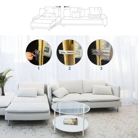 Rock Solid Sectional Couch Connectors Eight Piece Galvanized Iron Sofa Brackets With Seventy Two Rust Proof Screws being installed on a couch.