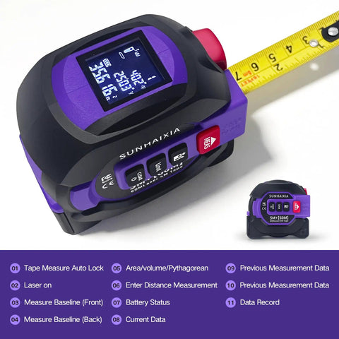 3 In 1 Laser Tape Measure With 197ft Long Range Laser, 16ft Manual Tape, AutoLock, Cross Line Laser Guidance, Unit Switch Ft In M, Measures Area Volume And Pythagorean Purple Finish, purple and black housing with yellow tape extended